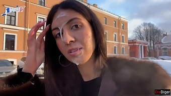 A Stunning Woman Strolls In Public With Semen On Her Visage, Receiving A Substantial Tip From An Unknown Benefactor - Cumwalk