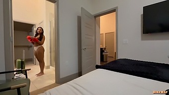 Step-Sis Is A Brunette And She Is Wearing No Panties On Her Big Natural Tits.